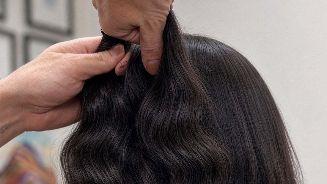 Stylist's hands lifting long, dark brown wavy hair from the back of a client in a salon